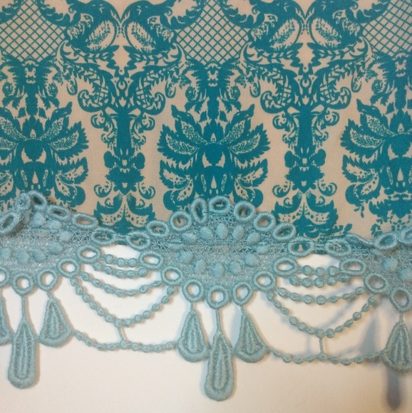 Emma's Closet Shawl Kimono Wrap teal tan print intricate chandelier fringe - Picture 2 of 13